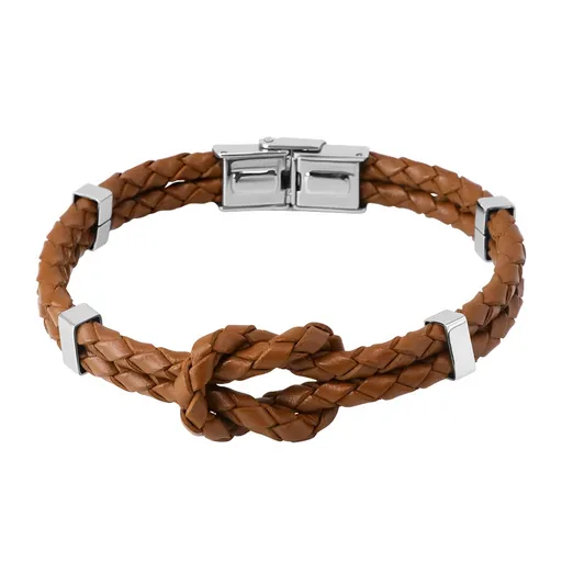 Tmavě hnědý kožený náramek - uzel ze dvou pletenců, kovové svorky, hodinkové zapínání