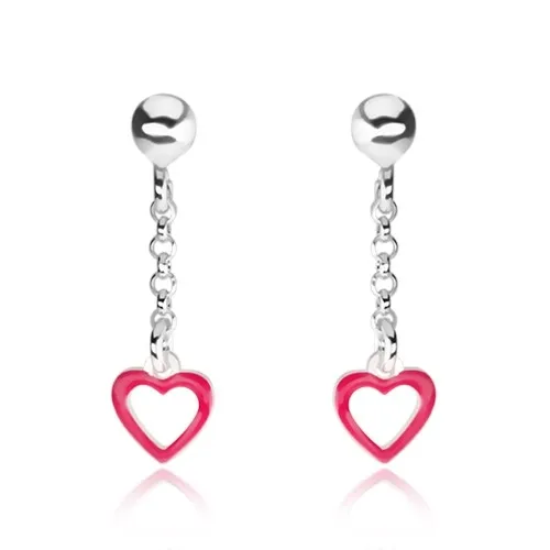 Stříbrné náušnice 925, kulička, řetízek, kontura růžového srdíčka