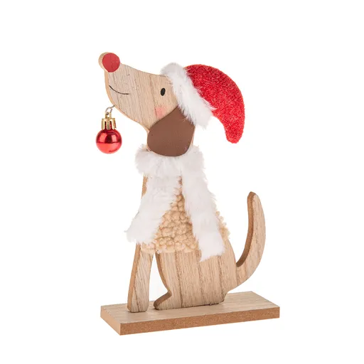 Vánoční dekorace Dřevěný pes s čepicí, 21 cm