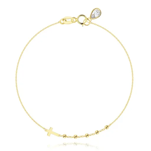 14K zlatý náramek ze žlutého zlata - latinský kříž, kuličky, zirkonová kapka
