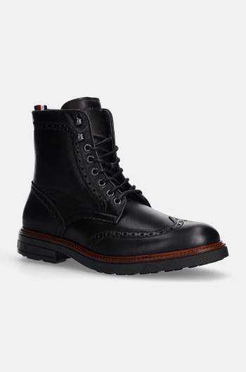 Kožené boty Tommy Hilfiger HILFIGER WARM LTH BROGUE BOOT pánské, černá barva, FM0FM05195