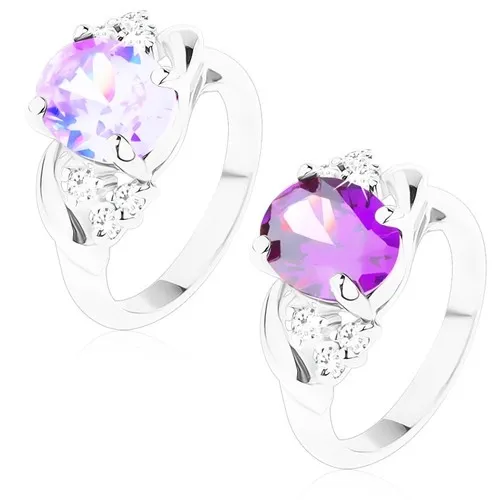 Prsten s lesklými rameny, broušený ovál, trojice čirých kulatých zirkonků - Velikost: 49, Barva: Světle fialová