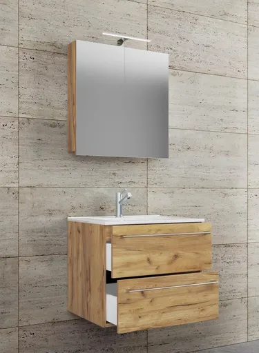 VCM 3dílná umyvadlová skříňka Badinos 2 zásuvky 60 cm se zrcadlem, dub medový