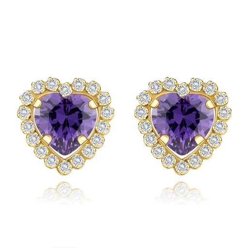 Náušnice ze žlutého 14K zlata - srdce s fialovým zirkonem, rámeček z čirých zirkonů