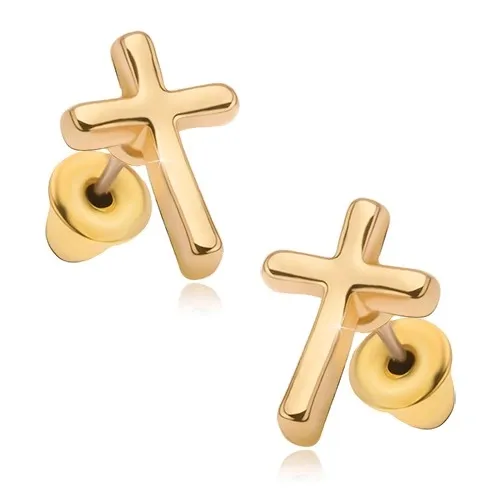 Náušnice s lesklým zlatým povrchem, latinský kříž