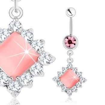 Piercing do pupka z ocele 316L, strieborný odtieň, ružový štvorec, číre zirkóny