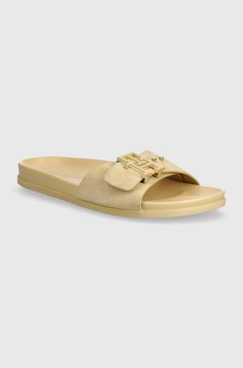 Semišové pantofle Tommy Hilfiger TH HARDWARE SUEDE FLAT SANDAL dámské, béžová barva, FW0FW07935