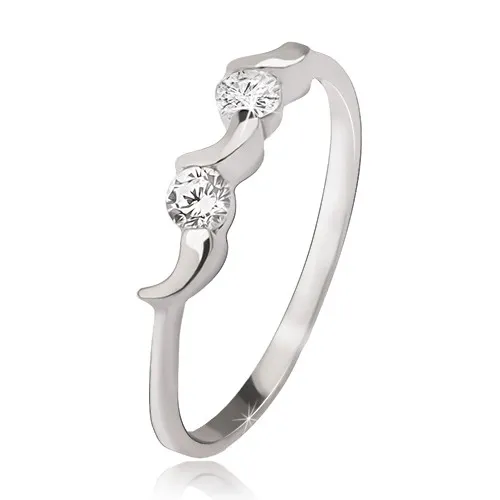 Stříbrný prsten 925 - nepravidelné měsíčky, dva kulaté čiré zirkony - Velikost: 54