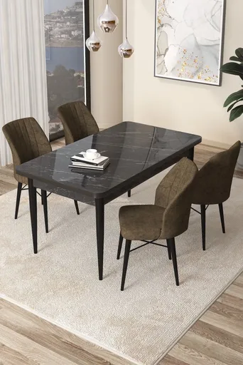 Dining Table & Chairs Set (5 Pieces) Arp - Black Marble, Brown