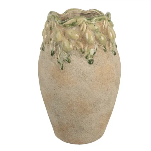 Béžový antik terakotový obal na květináč s olivami Olives - Ø 18*27 cm Clayre & Eef