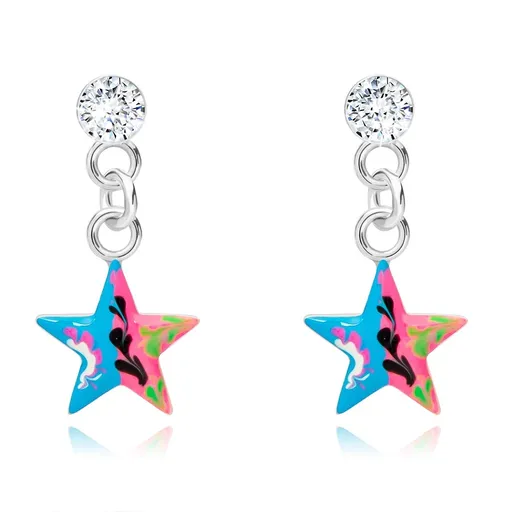 Stříbrné 925 náušnice, čirý krystal Swarovski, modrorůžová hvězdička