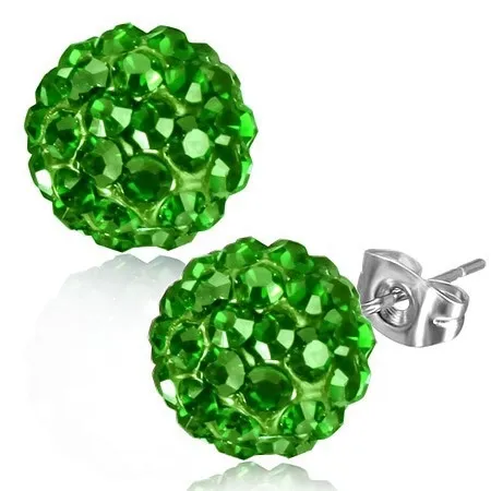 Shamballa náušnice z oceli, kulička, blyštivé zelené zirkony, 8 mm