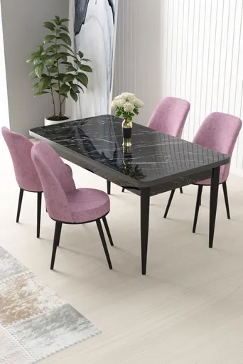 Dining Table & Chairs Set (5 Pieces) Nil - Black Marble, Pink