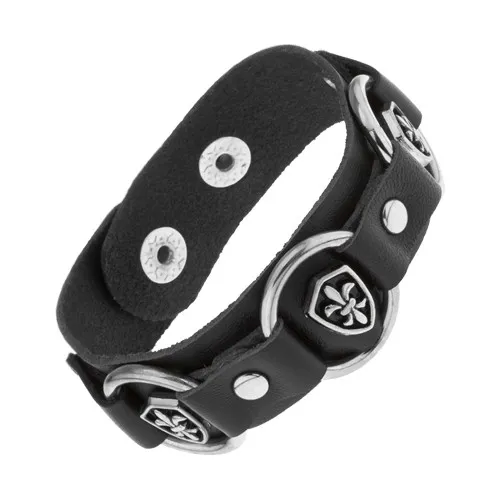 Kožený náramek černé barvy, lesklé ocelové kruhy, symboly Fleur de Lis