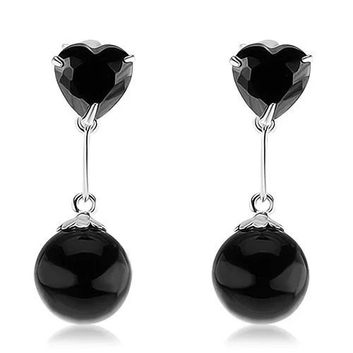 Stříbrné 925 náušnice, zirkonové srdce a kulatá perla v černé barvě