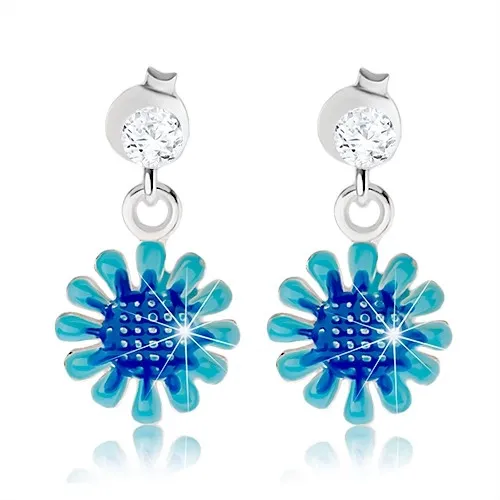 Stříbrné náušnice 925, visící květ v odstínech modré barvy, čirý zirkon