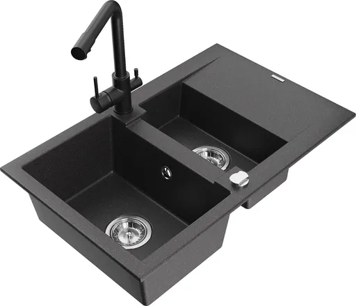MEXEN/S Gaspar granitový dřez 1.5 s odkapávačem včetně baterie Duero, černá kropenatý 6507-76-671600-70