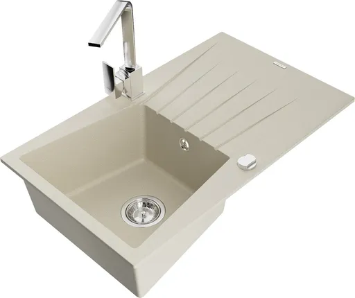 MEXEN/S Cesar granitový dřez 1-miska s odkapávačem včetně baterie Rita, béžový 6514-69-670300-00