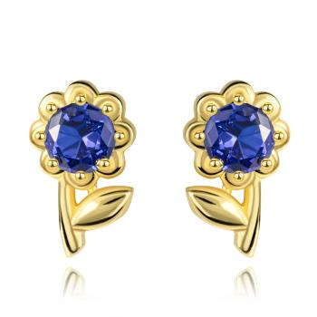 Zlaté náušnice 14K v tvare kvetu s tmavomodrým zirkónom