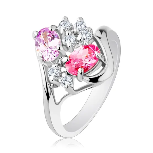 Prsten stříbrné barvy, zvlněné konce ramen, čiré a barevné zirkony - Velikost: 58