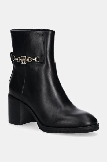 Kožené kotníkové boty Tommy Hilfiger TH CHAIN LEATHER MID HEEL BOOTIE dámské, černá barva, na podpatku, FW0FW08183