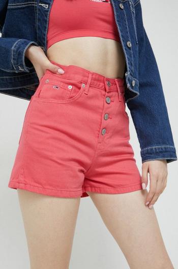 Džínové šortky Tommy Jeans dámské, růžová barva, hladké, high waist