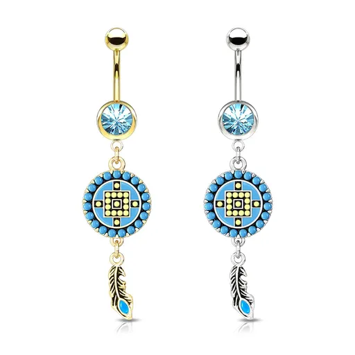 Piercing z oceli 316L, lapač snů s pírkem, kruh vykládaný tyrkysovými a žlutými korálky, kulatý zirkon - Barva: Stříbrná