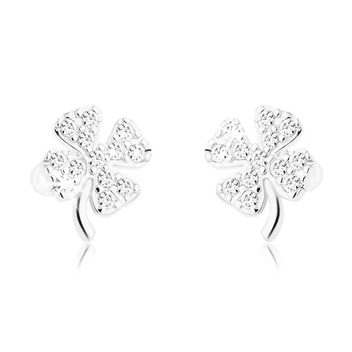 Náušnice ze stříbra 925, čtyřlístek pro štěstí zdobený čirými zirkony