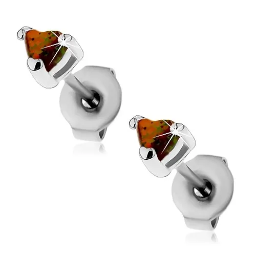 Náušnice z oceli 316L, srdíčko ze syntetického opálu, různobarevné odlesky, 3 mm