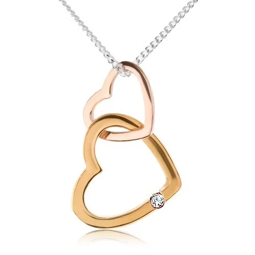 Stříbrný náhrdelník 925, dvě kontury srdcí, zlatá a měděná barva