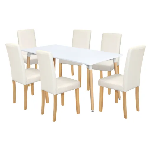 Jídelní stůl ONE 160x90 bílý + 6 židlí PRIMA bílá/světlé nohy
