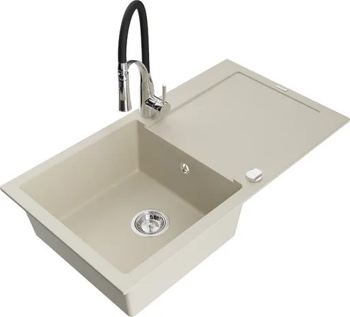 MEXEN/S Leo granitový dřez 1 s odkapávačem včetně baterie Aster, béžová 6501-69-73450-07