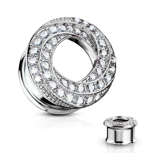 Plug do ucha z oceli stříbrné barvy - spirálovitě zatočená linie, čiré zirkony - Tloušťka : 10 mm