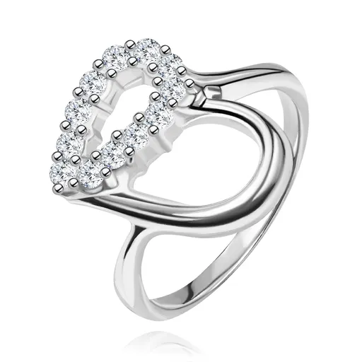 Stříbrný prsten 925 - kontura srdce, čirá zirkonová polovina - Velikost: 49