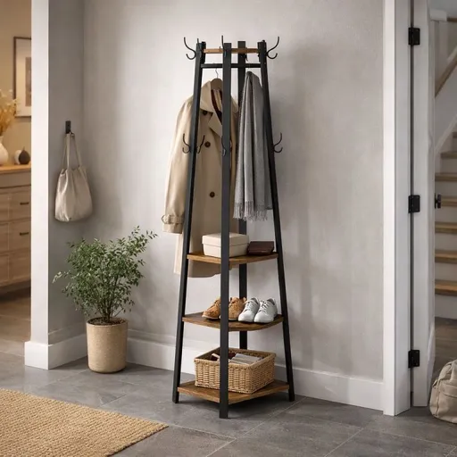 Stojan na oblečení s policemi a háčky, hnědá/černá