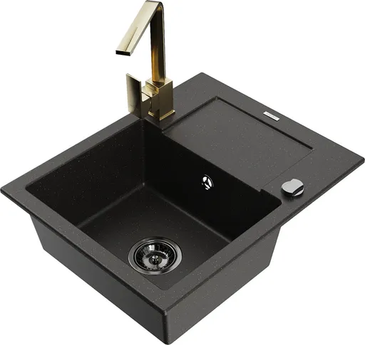 MEXEN/S Enzo granitový dřez 1-miska s odkapávačem včetně baterie Rita, černý/zlatý metalik 6506-75-670300-50-B