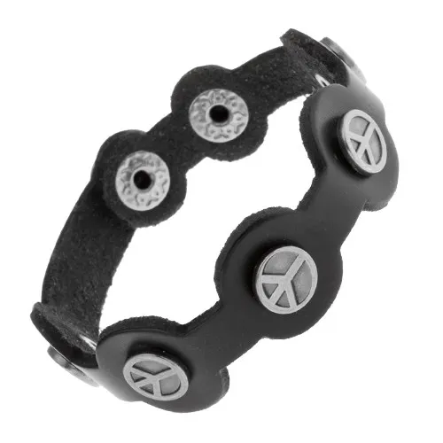 Náramek z černé syntetické kůže, patinované symboly míru