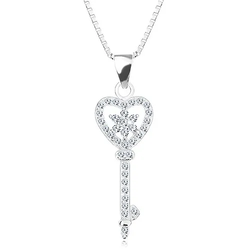 Stříbrný 925 náhrdelník - řetízek s přívěskem, zirkonový klíč - srdce, květ