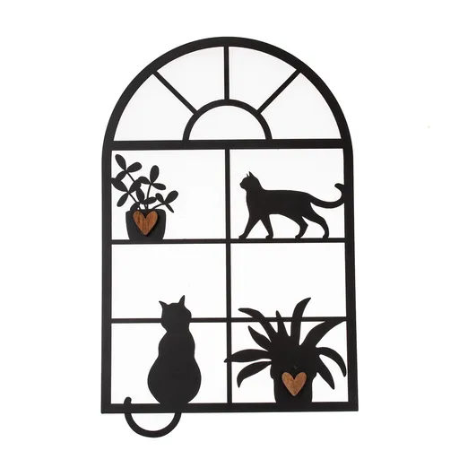 Kovová dekorace okno s kočkami, 30 x 48 cm