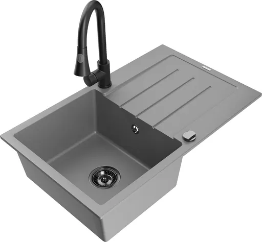 MEXEN/S Bruno granitový dřez 1 s odkapávačem včetně baterie Elia, šedá 6513-71-670101-70-B