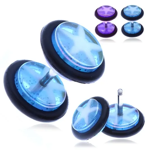 Nepravý plug do ucha z oceli - duhová kolečka s hvězdou - Barva piercing: Fialová