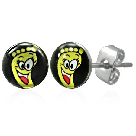 Puzetové náušnice z oceli, čirá glazura, žlutá nožka s usměvavou tváří