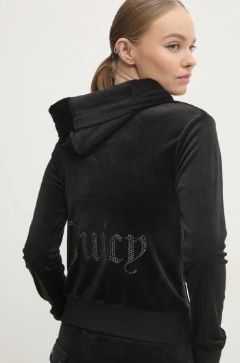 Velurová mikina Juicy Couture ROBERTSON JEWELLED VELOUR HOODIE černá barva, s kapucí, JCBAS224814