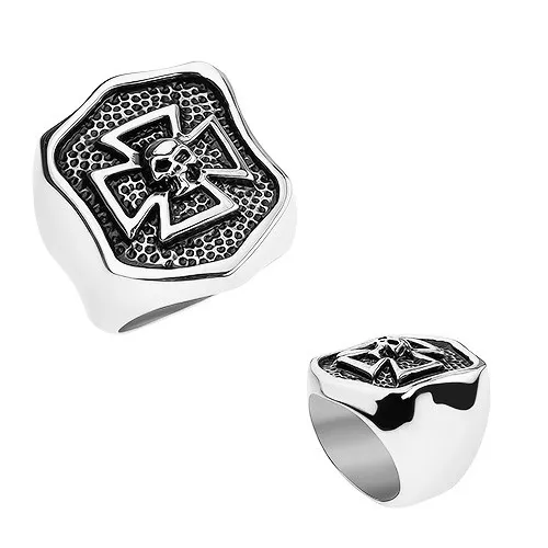 Prsten z oceli 316L, patinovaný erb s maltézským křížem a lebkou - Velikost: 68