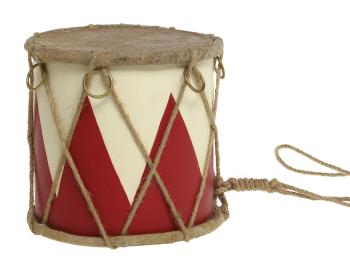 Červeno-bílý vánoční dřevěný buben s kůží Drum Vintage - Ø 15*12 cm 52059133