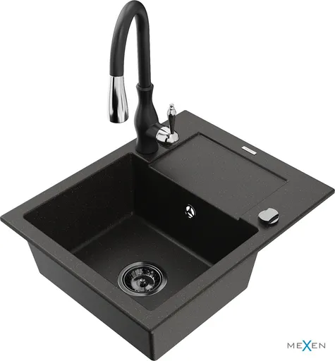 MEXEN/S Enzo granitový dřez 1 s odkapávačem včetně baterie Savita, černá/zlatá metalik 6506-75-672601-70-B