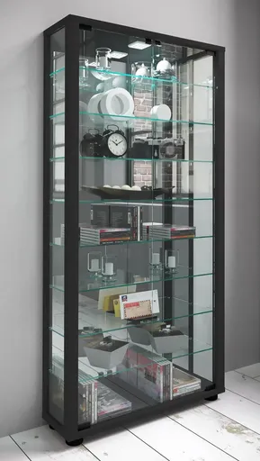 VCM Stojací vitrína Lumo Maxi se zrcadlem včetně LED osvětlení, černá