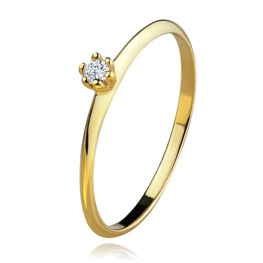 Prsten ve žlutém 14K zlatě - kulatý čirý diamant, tenká zkosená ramena - Velikost: 49