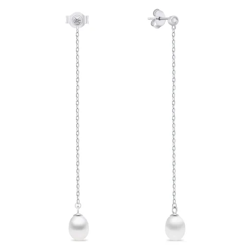 Brilio Silver Slušivé dlouhé náušnice se zirkony a perlou EA1004W