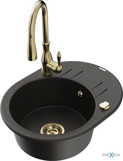 MEXEN/S Kevin granitový dřez 1 s odkapávačem včetně baterie Savita, černá/zlatá metalik 6517-75-672601-50